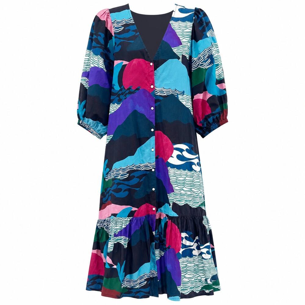 Oliphant Pacifica Puff Sleeve Button Down Maxi Dress Womens XL Artistic Colorful